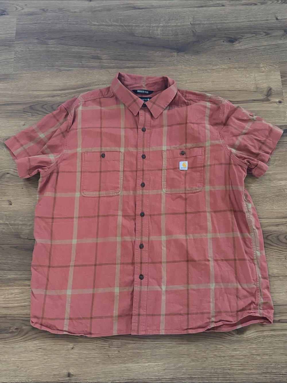 Carhartt Men’s Short Sleeve Plaid Button-Up Shirt - Orange Rust/Tan XXL